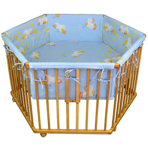 HONEY BEE Kinderlaufstall Babylaufgitter Laufstall 6 eckig + Einlage blau Ente, 3 fach höhenverstellbar
