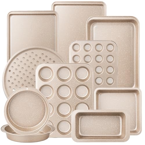 Terlulu 10-Piece Baking Pans Set, Bakeware Sets Nonstick, Baking Set for Oven Cooking, Stackable Carbon Steel Pans Include Cookie Sheets, Muffin Pan, Cake Pan, Pizza Pan, Loaf Pan, Roasting Pan, Gold