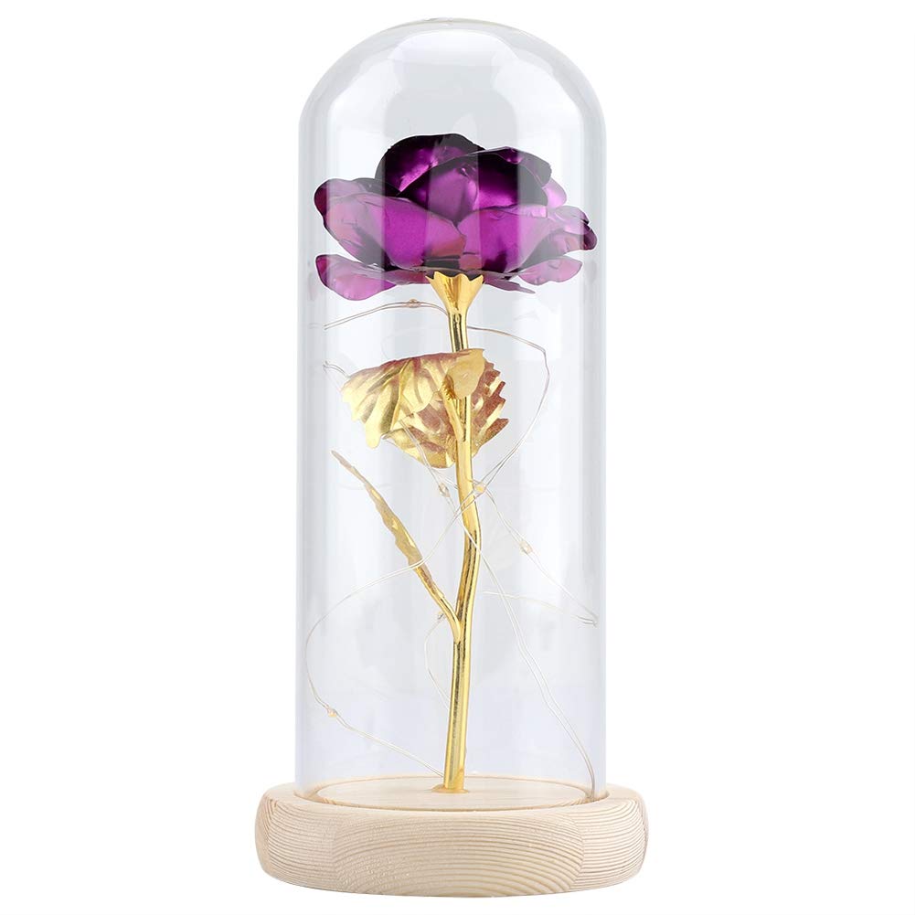Mumusuki Duokon Preserved Rose Flower LED Light with Glass Cover & Wooden Base for Valentines'Day Wedding Gift Christmas Birthday Anniversary(Violet)