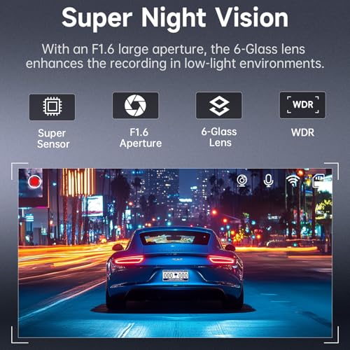 Dash Cam Front and Rear 2.5K+1080P, Ultra HD Dash Cam Built-in WiFi, Dual Car Camera with 170°Wide Angle, Super Night Vision Dashcam with 24H Parking Mode, G-Sensor, App Control, Loop Recording