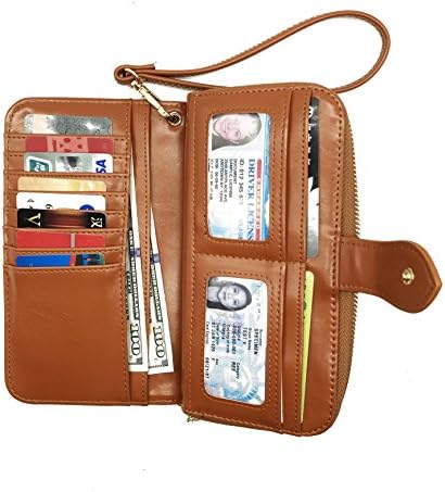 QUEENX Women's Capacity Luxury Wax Leather Clutch Wallet Multi Card Organizer (brown)