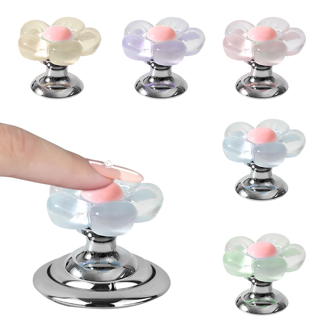 Voyyphixa 5Pcs Flower Shape Toilet Flush Button, Toilet Push Button Topper Portable Accessory Tool Press Colorful Flush Button Multifunctional Handle Helper for Bathroom, Door, Drawe, Bedroom (Flower)