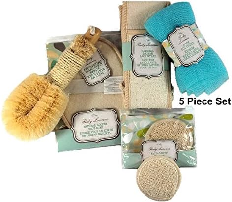 Best Body Wash Scrubbing Exfoliating Set, Remove Dead Skin, Improve Circulation, Promote Healthy Glowing Skin 5 Items, Sisal Brush, Loofa and Facial Buff, Back Strap, Body Polisher