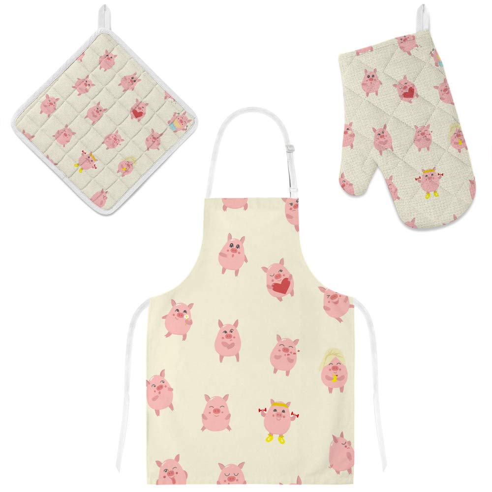 Top Carpenter Polyester Insulation Kitchen Oven Mitts Potholder Apron 3Pcs Set Pink Pigs Non Slip Heat Resistant Gloves for Baking Cooking BBQ