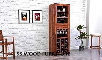 SS WOOD Furniture Sheesham Wood Wine Storage Nanson Bar Cabinet for Living Room | Teak Finish