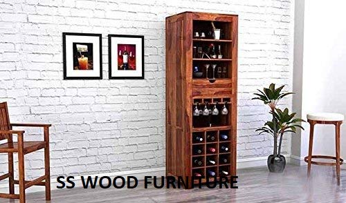 SS WOOD Furniture Sheesham Wood Wine Storage Nanson Bar Cabinet for Living Room | Teak Finish