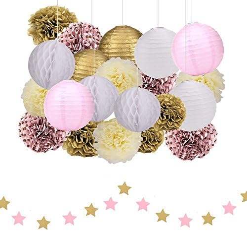Rock RaRa Decorations, Pom Poms Flowers Paper Garland Paper Strings Paper lantern Paper Tassel Balloons Perfect Poms 1st Birthday Baby Decorations Kids Birthday Bridal Shower Baby Shower (Pink Gold)