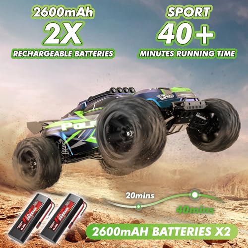 Womaqu Large Scale Adult Remote Control Car 1:10 46cm, RC Truck 2WD RWD Electric 45km/h with 2 Batteries 2600mAh, Off-Road RC Car for Children and Adults