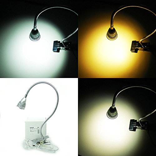 QUANS 5W 3 Colors LED COB Clip on Light Silver 19.68 INCH 50 cm Tube Desk Flexible Table Bed Lamp Work Home Design Lighting 110V 220V 85V - 265V AC with US Plug Switch on Off 500LM (Silver)