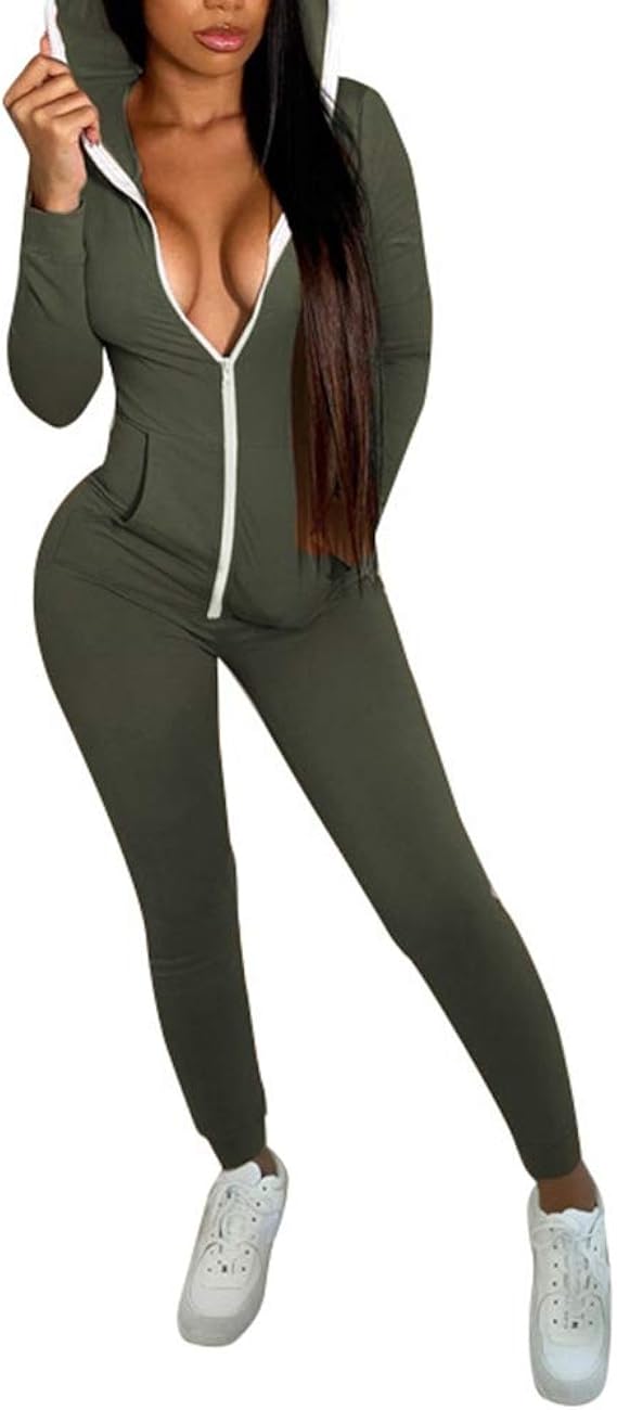Amazon Timagebreze 冬のフード付きスポーティなフィットネスジャンプスーツ 女子 パーソナライズされたジッパー 女性 秋の ファッション スリムなレディースジャンプスーツ 緑色 S コート ジャケット 通販