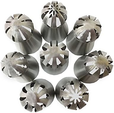 NEW Version Russian Ball Tips 8 pcs + 1 Tri-Color Coupler + 1 Reusable Silicone Pastry Bag Sphere Icing Piping Nozzles Cake Fondant Cupcake Buttercream Decorating 304 Stainless Steel