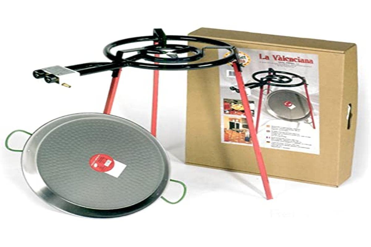 Vaello La Valenciana Eco Paella Set, 46cm Polished Pan, 400mm Gas Burner, Tripod