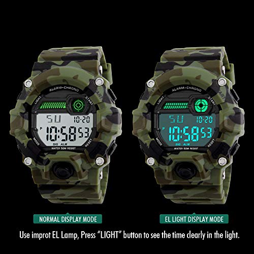 Venhoo Digital Kids Watches Outdoor Sport Waterproof Electronic EL-Light with Alarm Stopwatch Luminous Casual Military Wrist Watch Gift for Kids Boys Girls (9-18 Camouflage) - Thumbnail 2