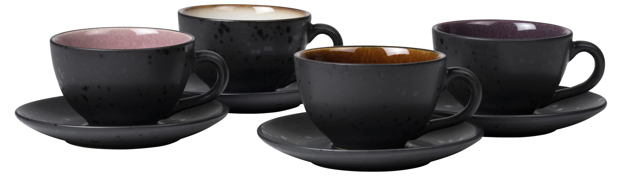 BITZ Set of 4 Stoneware Coffee Cups with Saucer 24cl Amber, Pink, Purple, Cream