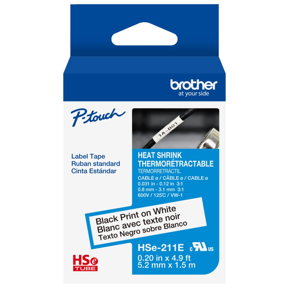 Brother HSe221E ~1/3in (9mm) Black on White Heat Shrink Tube, 3:1 Electrical Shrink Wrap Labeling Tape for AWG 10-22, 4.9 ft (1.5m) Cassette for P-Touch Industrial Heat Shrink Label Printers
