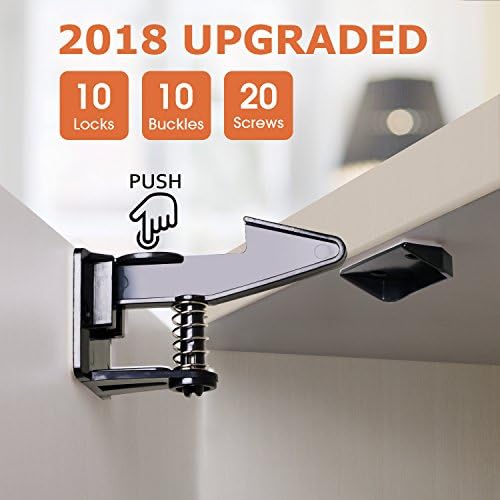 Cabinet Locks [UPGRADED] Child Safety Cabinet Latches Locks, 10 Packs, Easy to Install, No Tools or Drilling Needed, Invisible Design, with Buckles and Screws - Black