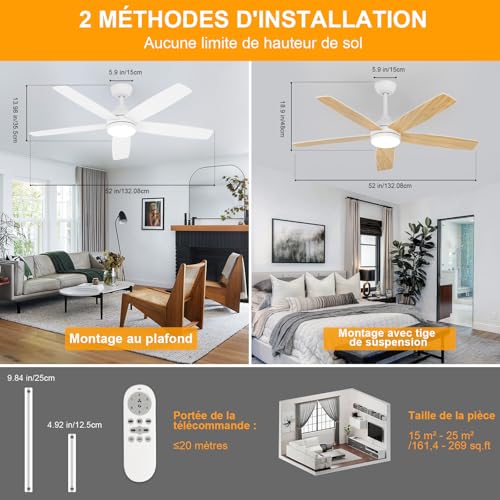 Dorlink Ceiling Fan with Light and Remote Control, 132 cm, Silent Reversible DC Motor, Ceiling Fan with Light for Bedroom, Living Room, Kitchen, Natural Wood Tint/White