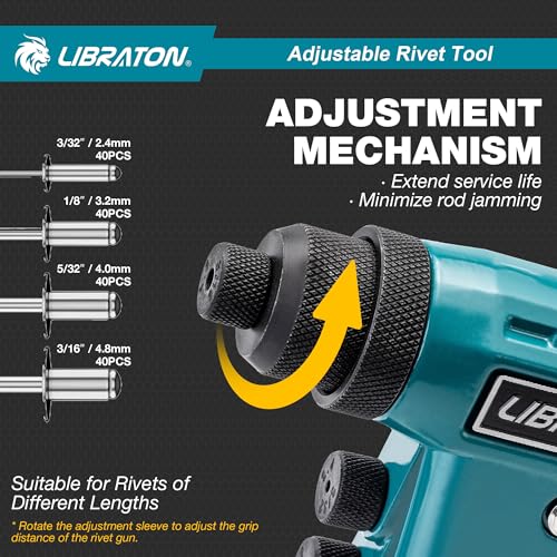 LIBRATON Heavy Duty Rivet Pliers, Pop Rivet Pliers, Professional Manual Riveter Riveting Tool with 160 Rivets, Includes 4 Tips, 4 Interchangeable Nozzles Without Tools, for Repair