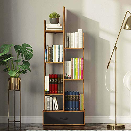 Rolanstar-Bookshelf-Bookcase-with-Drawer-Free-Standing-Tree-Bookcase-Display-Floor-Standing-Storage-Shelf-for-Books-CDs-PlantsUtility-Organizer-Shelves-for-Living-Room-Bedroom-Home-Office