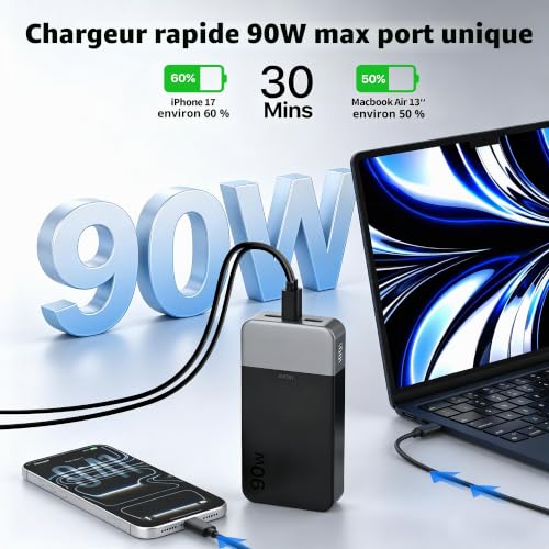 JUOVI External Battery for Laptop 90W Power Bank 20000mAh | Quick Charge PD QC with 4Ports (2USB A Out&2USB C In/Out) LED Screen External Charger for MacBook iPad Steam Deck Phones