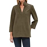 Csvinkiko Women's Faux Suede Tunic Tops V Neck 3/4 Sleeve Stand Collar Shirts Dressy Trendy Blouses Casual Daily Wear