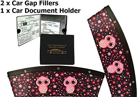Seat Gap Car Organizer Kit For Ladies | Designer Seat Gap Filler with Easy Storage (2-Pack), Modern Style, Pink Owl Design | Car Auto Insurance Registration Black Document Wallet Holder