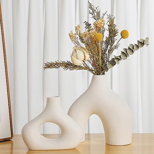 CEMABT White Ceramic Vase Set of 2 for Modern Boho Nordic Minimalism Style Decor - Perfect Flower Vases for Living Room, Wedding, Dinner Table, Party, Office, and Bedroom