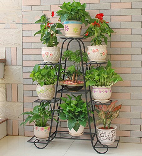 ZENGAI Metal Flower Stand Multi-Layer Chlorophytum Balcony Iron Art Flower Pot Rack, 3 Colors Available Plant Container (Color : Black, Size : 9 floors/104cm)