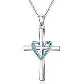 OCJ Cross Necklace for Women 925 Sterling Silver Heart Birthstone Cross Pendant Necklace Christian Jewelry gifts for Women Her Wife Daughter Christmas Birthday Gifts