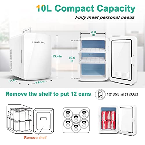 CROWNFUL Multifunctional Mini Fridge, 10 Liter/12 Can Portable Cooler and Warmer Personal Fridge