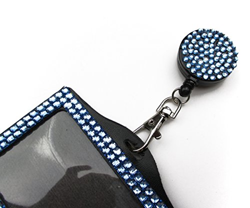 ALL in ONE Rhinestone Lanyard Bling Crystal Necklace + Badge Reel + Horizontal Card Holder for Business Id/key(BLUE)