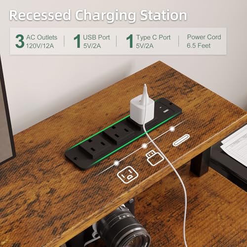 MUTUN 47" Reversible Computer Desk with Charging Station, Office Desk with Drawers and Shelves, Bureau de Travail, Home Office Desks, Study Table with Monitor Stand (Rustic Brown, 47 Inch)