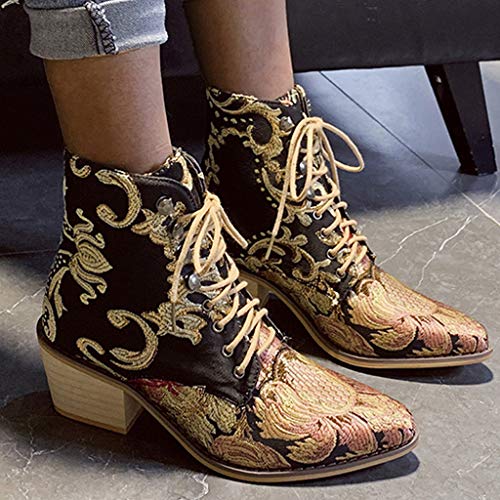 TnaIolral Women Suede Boots Square Heel Embroidery Boots Lace-Up Pointed Toe Shoes (US:8, Black)