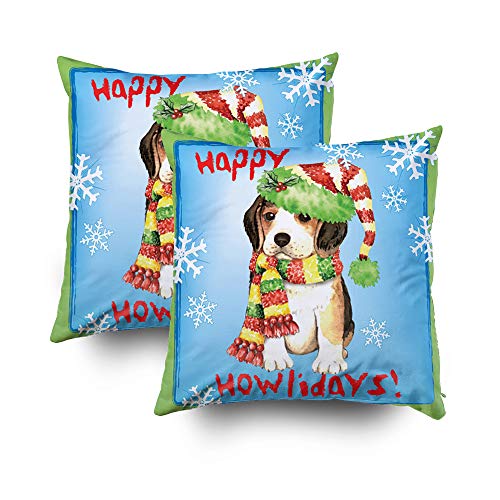 EMMTEEY Home Decor Throw Pillowcase for Sofa Cushion Cover, Christmas Happy howliday Beagle Decorative Square Accent Zippered and Double Sided Printing Pillow Case Covers 16X16Inch，Set of 2