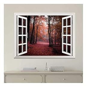 Modern White Window Looking Out Into a Red Road That Leads to an Orange Forest - Wall Mural, Removable Sticker, Home Decor - 24x32 inches