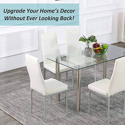 JOYBASE 5 Piece Dining Table Set, Tempered Glass Top Table with 4 Leather Chairs, Kitchen Dining Room Furniture, White