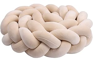 KOGITI 3 Strand Round Knit Cushion Soft Knot Throw Pillow Handmade Braided Plush Decor for Couch Sofa Bed (Light Khaki,160 Inch)