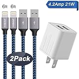iPhone Charger, JAHMAI 4.2A Fast Charging Portable Home Travel Wall Charger with 6FT 2PACK Durable Nylon Braided Lightning to USB Cable Charging Cord for iPhone X/8/7/6S/6/Plus/5S/SE/5C/5/iPad