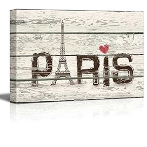 Paris Woodcut Print with Pink Hear Artworkt Rustic