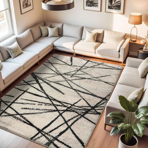 Leesentec Bohemian Artistic Vintage Oriental Living Room Rug, Soft Plush Surface, Vinyl Non-Slip Base, Unique for Living Room, Bedroom, Home Entrance Doormat (Beige/Black Stripes, 160 x 200 cm)