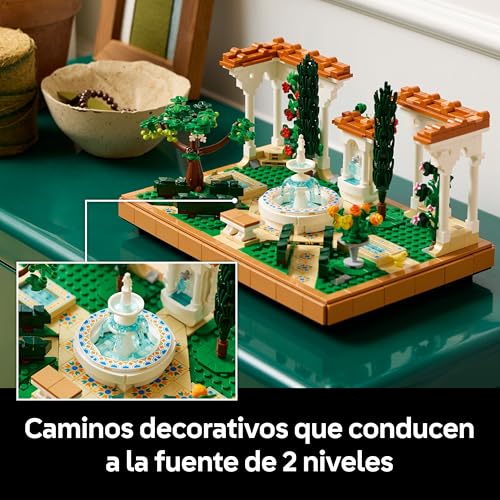 Icons Jardín con Fuente Maqueta para Adultos con Plantas y Flores Artificiales: Caléndula, Buganvilla, Geranio, Decoración para el Hogar, Figura de Pájaro, Regalo para Mujeres y Hombres 10359