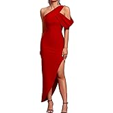 UONBOX Women's One Shoulder Side Split Asymmetrical Bodycon Sleeveless Midi Party Cocktail Bandage Dress