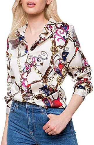 Lawzl Womens Long Sleeve Chains Print Ladies Casual Shirt Tops V Neck Blouse Tee