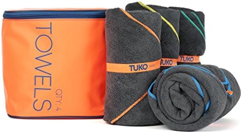 TUKO Microfiber Beach Towel Set with Bag Holder (60L x 30W, Set of 4)