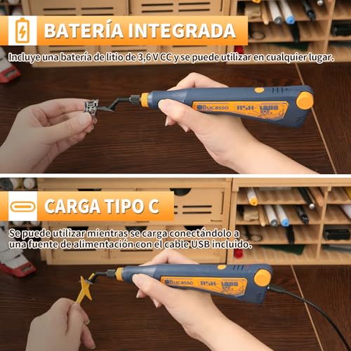 Bucasso Reciprocating Sander, Variable Speed and USB Charging with LED Light, Pencil Sander with 6 Sanding Heads, Ideal for Sanding, Polishing, Finishing and DIY Crafts (Blue)