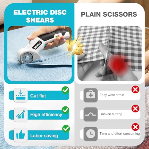 SHALL 4V Cordless Electric Scissors with Safety Lock, LED Light and Replacement Blade - Rechargeable Rotary Cutter for Fabric, Leather, Carpet, Cardboard and Plastic