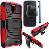 LG L31G / LG Access LTE Case Combo by ICE-CLEAR(TM)-HERCULES Dual- Layer Hard/Gel Hybrid Kickstand Armor Case w/ Holster (Black/Red)+Touch Screen Stylus