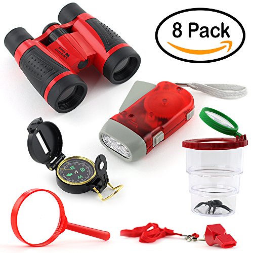 Binoculars for Kids Pack - boys & girls - 8 Gifts - Outdoor Exploration Kit, Children’s Toy - Flashlight, Compass, Whistle, Magnifying Glass. Kids Set for Camping, Hunting, Hiking & Bird Watching