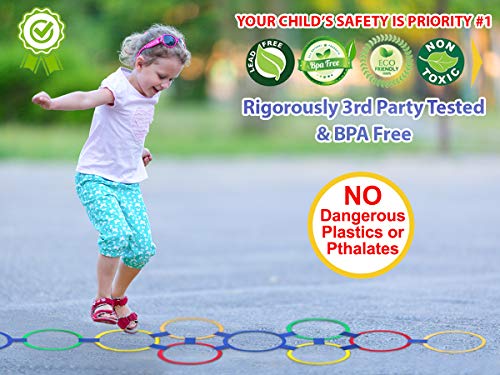 Hopscotch Ring Game - 13 inch - Best Outside Toys to Play for Boys Girls and Kids. 10 Pieces Multi-Colored Plastic Rings and 15 Connectors. Fun Indoor, Outdoor, Summer, Beach, Church and School