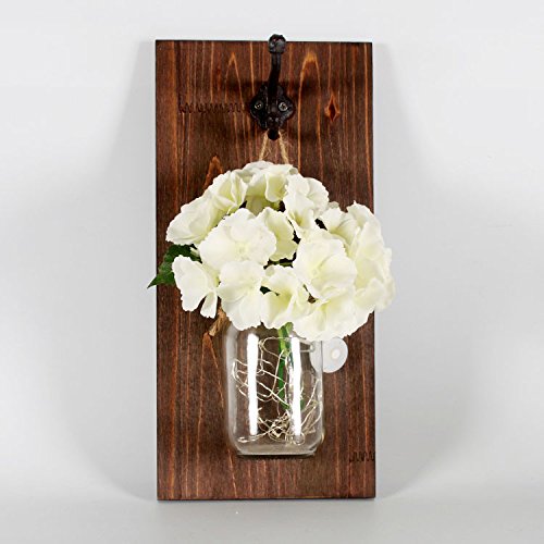 sexyrobot Wall Decor Hanging Hydrangea Mason Jar Sconces with Iron Hooks, Rustic Wooden Board, Silk Hydrangea Flower, LED Strip Lights with Batteries Included Home Decor, 2 PCS